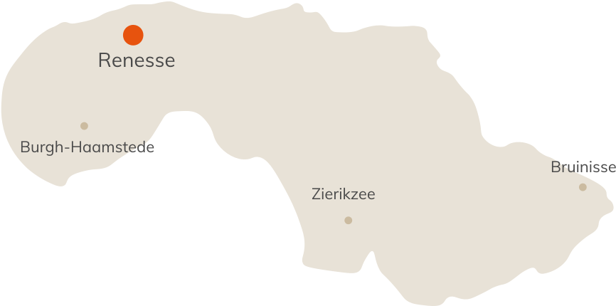 Kaart van Schouwen-Duiveland met oranje stip op Renesse